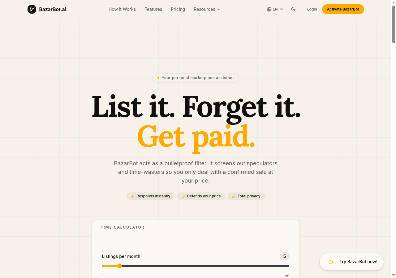 Screenshot of the BazarBot homepage