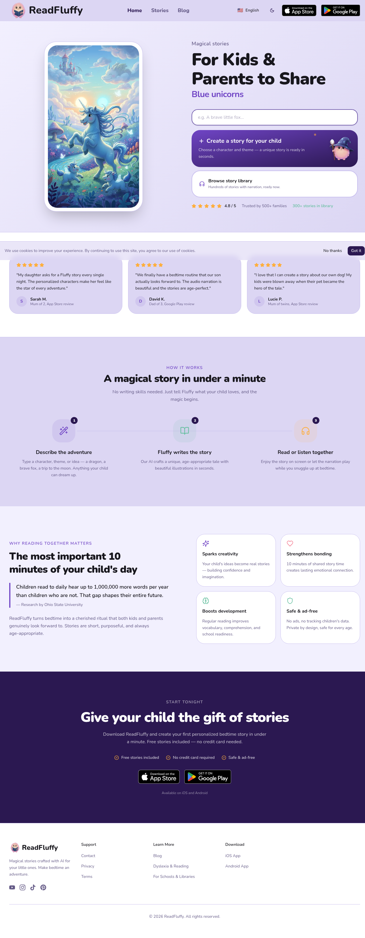 Screenshot of the Read Fluffy homepage
